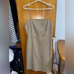 twik Beige and Black Plaid Spaghetti-Strap Mini Dress
